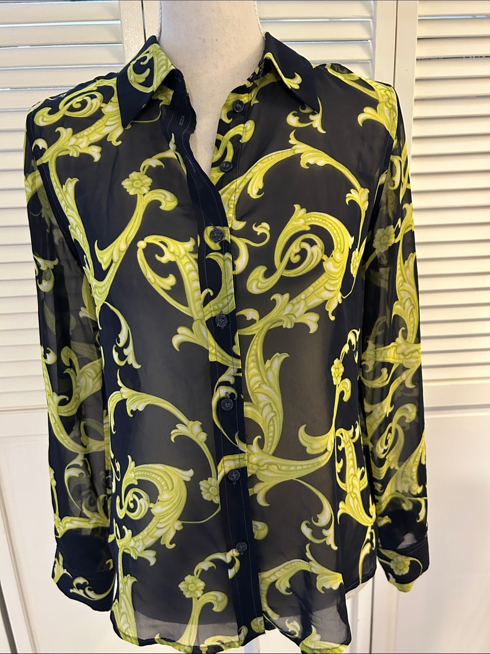 INC International Concepts Sheer Black Shirt with Chartreuse Baroque Print
